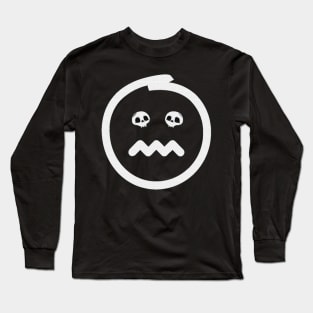 Angry emoji with skulls as eyes. Textured sad emoji face in white color on black background. Long Sleeve T-Shirt